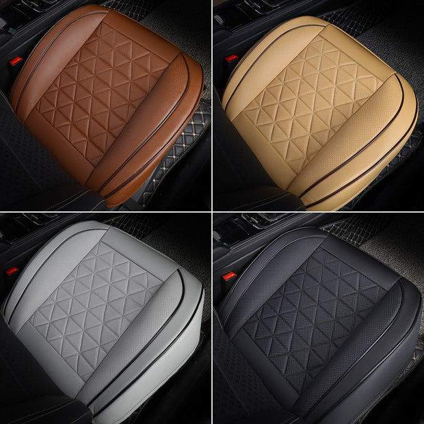 Couvre assise de siège de voiture en cuir synthétique, couleurs beige, marron, noir et gris.