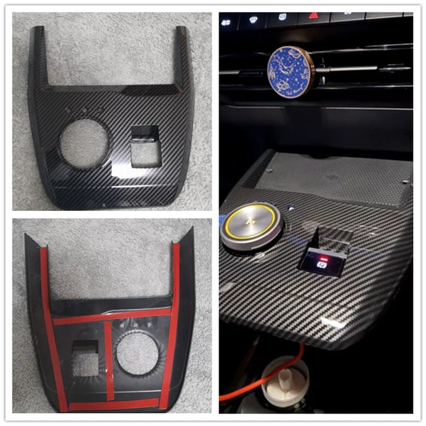 Accessoires MG4 EV, placage carbone pour console centrale, détail recto et verso.